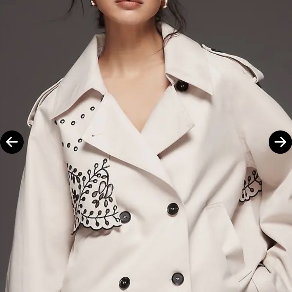 Embroidered Beige short Trench Coat - Women's Plus - Picture 5 of 6